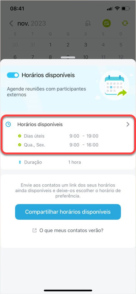 Horários disponíveis no Calendário